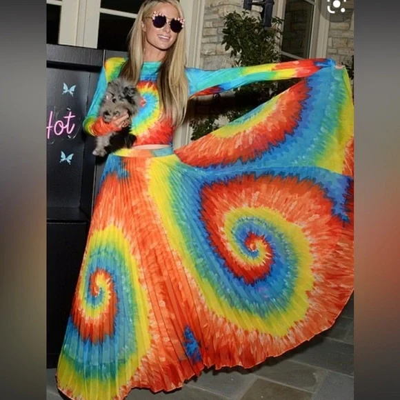 Alice + Olivia Rainbow Tie Dye Pleated Shannon Maxi Skirt - 0 - Picture 1 of 6